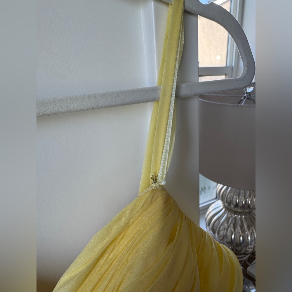 Mac Duggal Lemon Yellow Ruffle Tiered Prom Gown Sample Dress - Picture 5 of 6